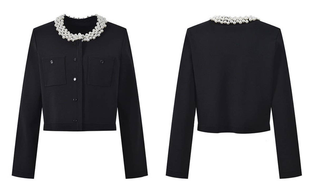 Zwarte gebreide tweed set met parelkraag