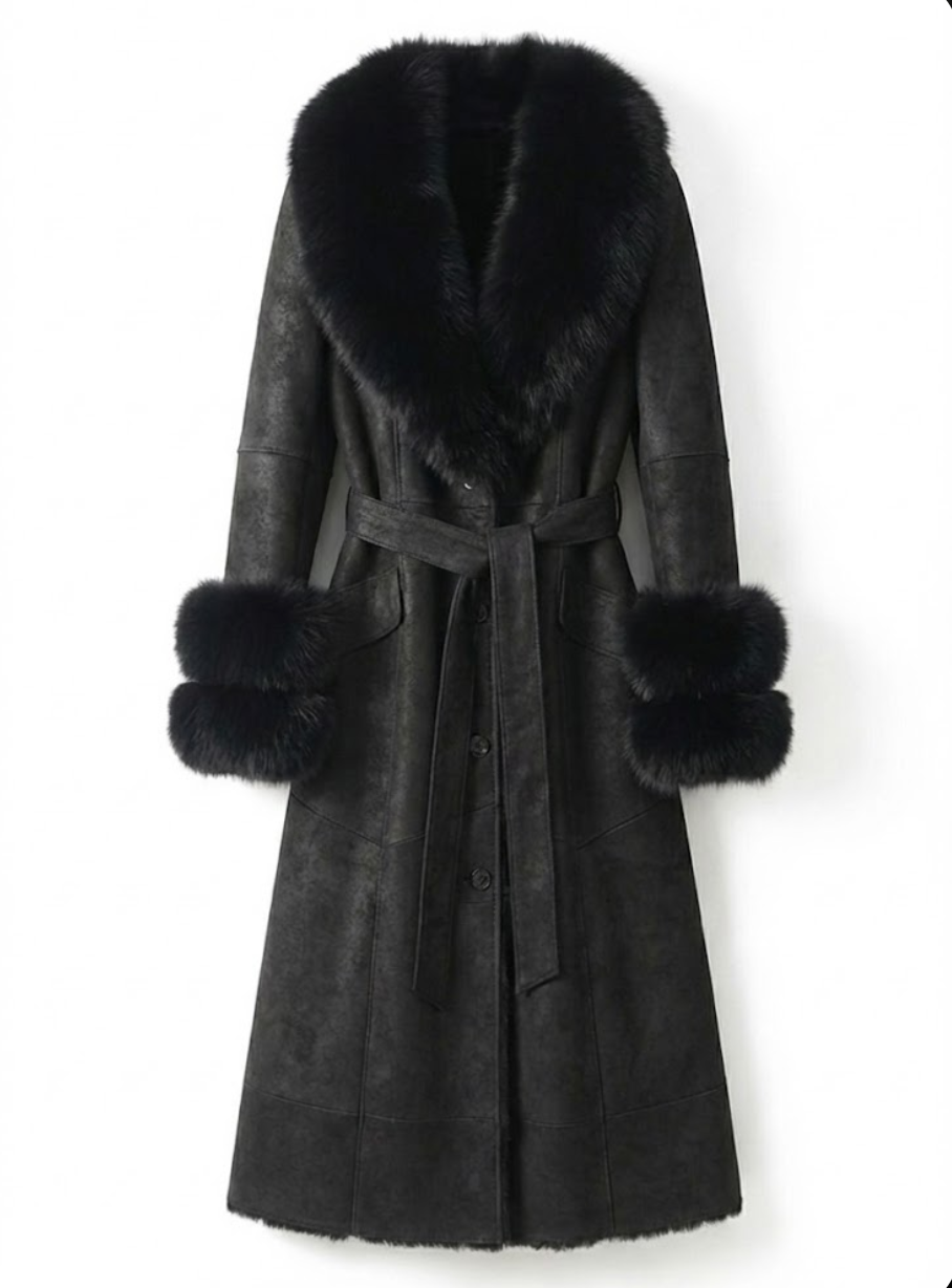 Elegante halflange jas van imitatiebont met kraag van vossenbont
