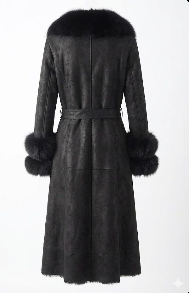 Elegante halflange jas van imitatiebont met kraag van vossenbont