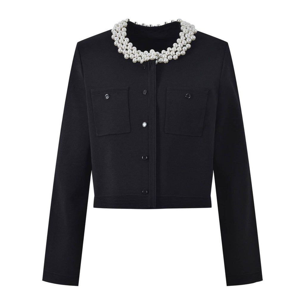 Zwarte gebreide tweed set met parelkraag