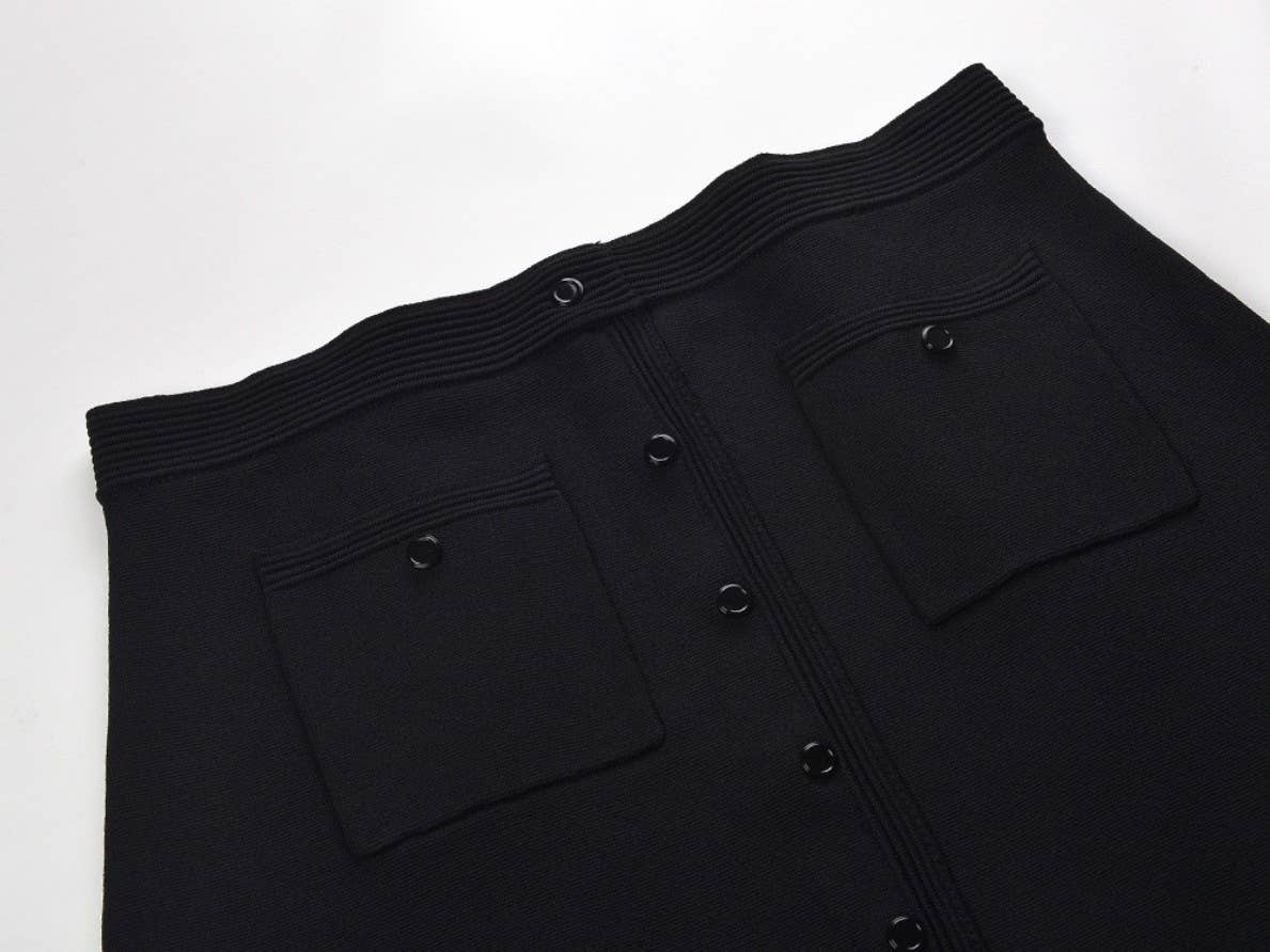 Zwarte gebreide tweed set met parelkraag